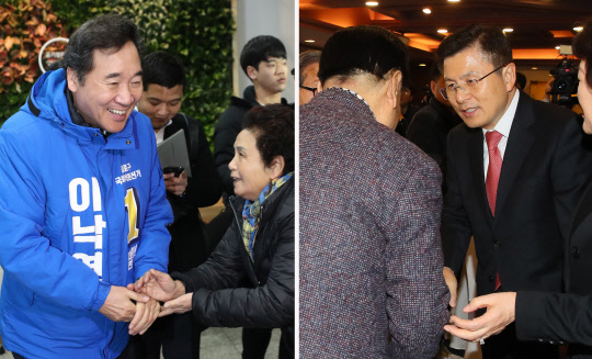 종로 누비는 이낙연 황교안   서울 종로에 출마하는 민주당 소속 이낙연(왼쪽 사진 왼쪽) 전 총리가 10일 종로구민회관을 찾아 주민과 인사하고, 황교안(오른쪽 사진 오른쪽) 한국당 대표가 하림각에서 열린 핵심당원 간담회에서 참석자와 인사하고 있다.  연합뉴스